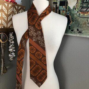 Vintage Enchino Men's Necktie Orange Tan & Ivory Tikki Bar MCM Modern Tie